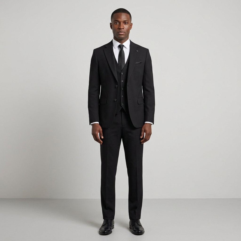 Full-body Black adult model wearing a black three-piece suit with black tie