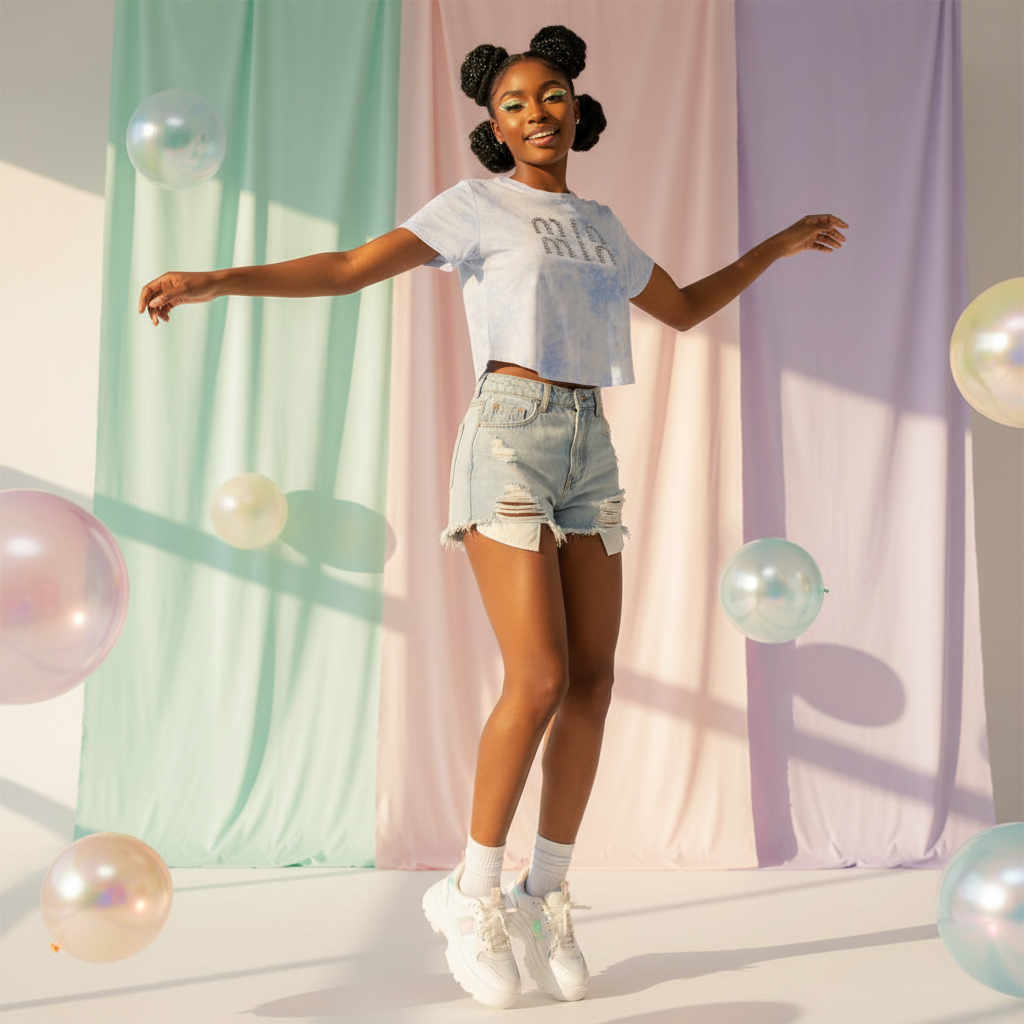 Model wearing Tie-Dye Rhinestone Crop Tee