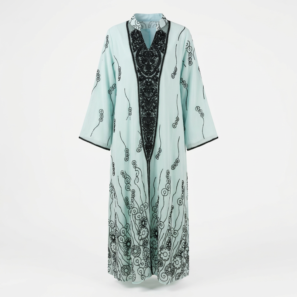 Mint black-scroll panel abaya catalogue image
