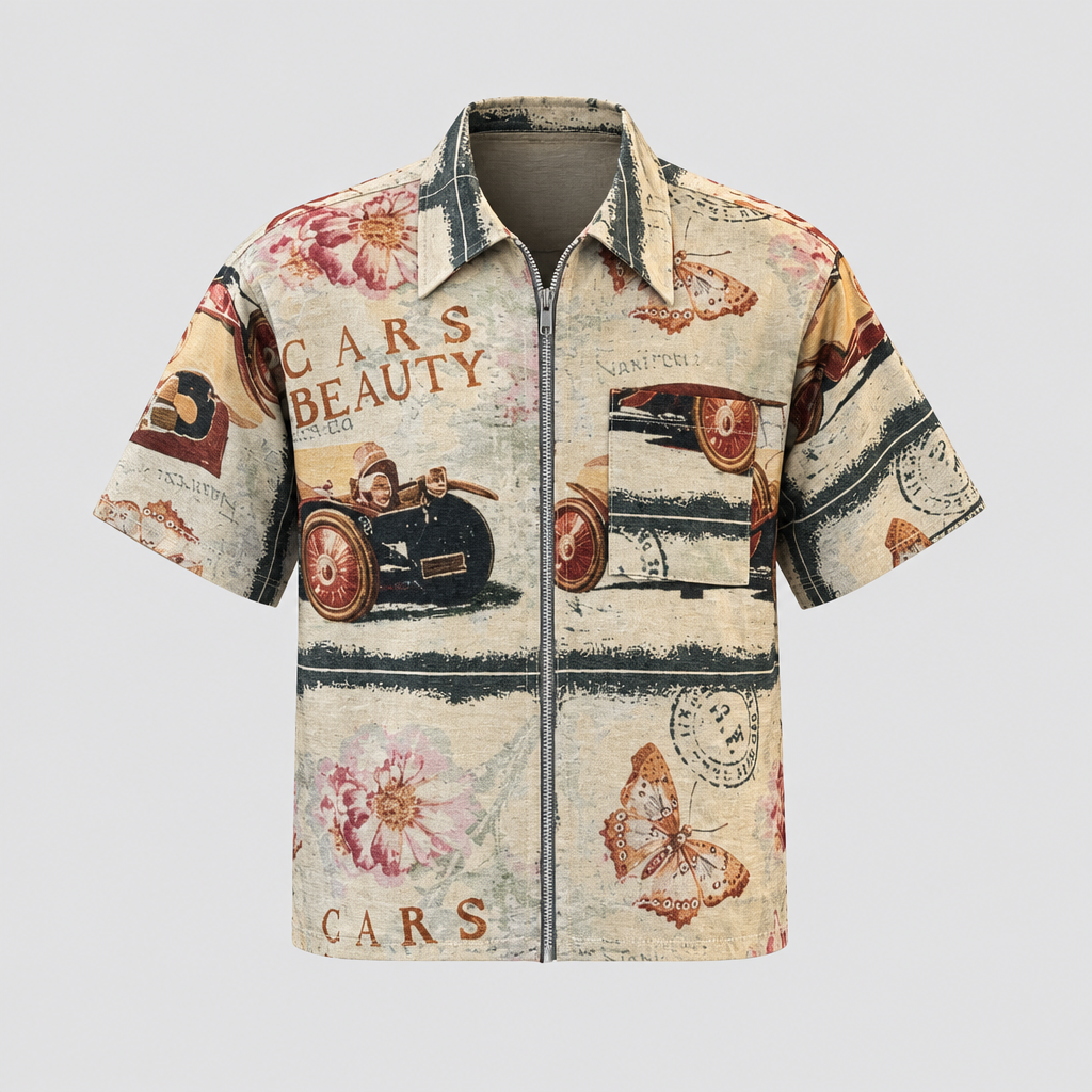 Men's beige printed zip-front shirt ghost mannequin