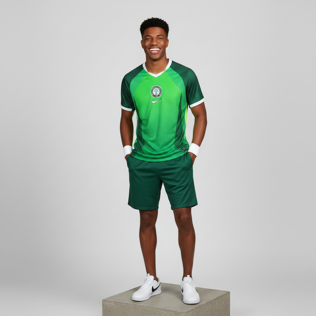 Nigerian male model wearing lime green Nigeria NFF home football jersey on concrete plinth