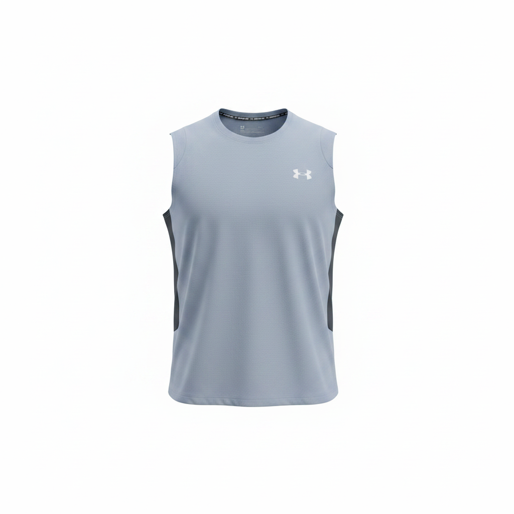 Under Armour light blue sleeveless sport vest with grey side panels ghost mannequin view
