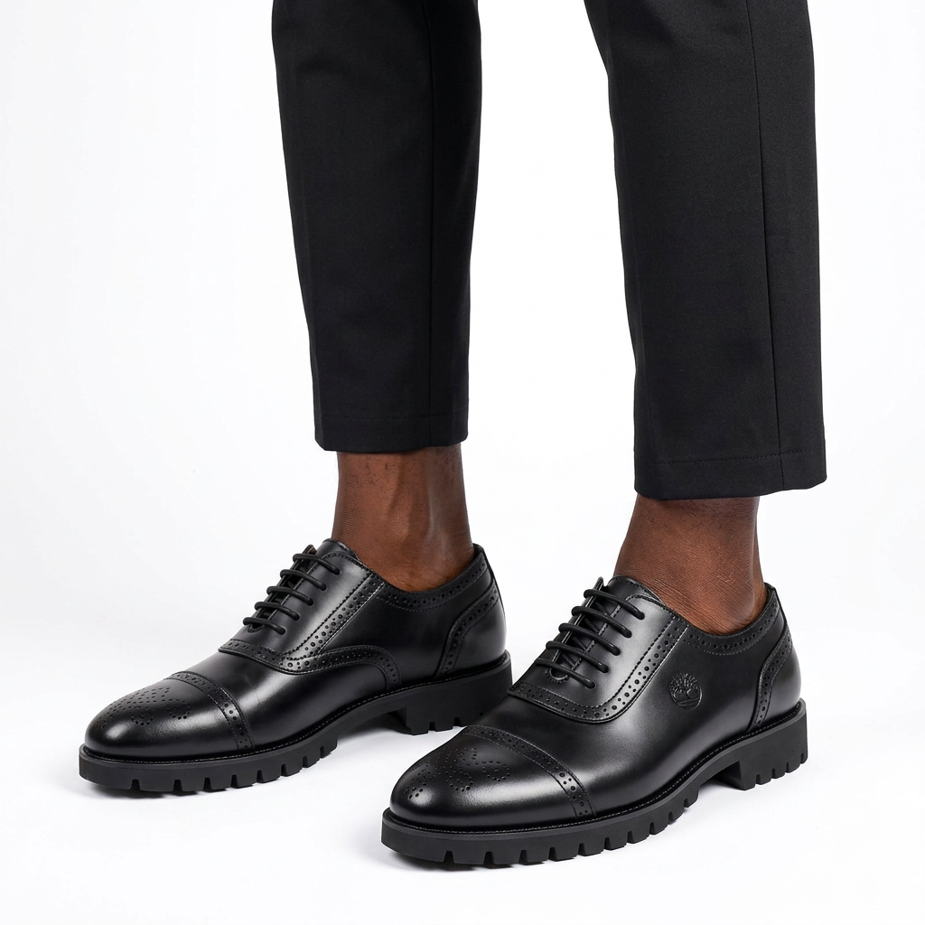 Black lace-up brogues worn on both feet by a Black male model on a white studio background