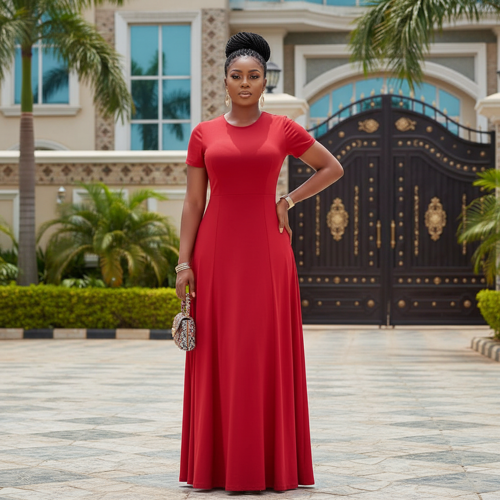 Women's red short-sleeve flared maxi dress - female model shot