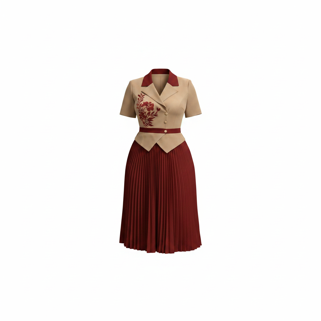 Beige and burgundy two-tone pleated midi gown with floral embroidery, ghost mannequin view