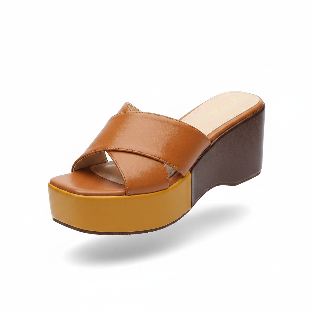 Women's mustard yellow and tan two-tone colour-block platform wedge slide — ghost mannequin view