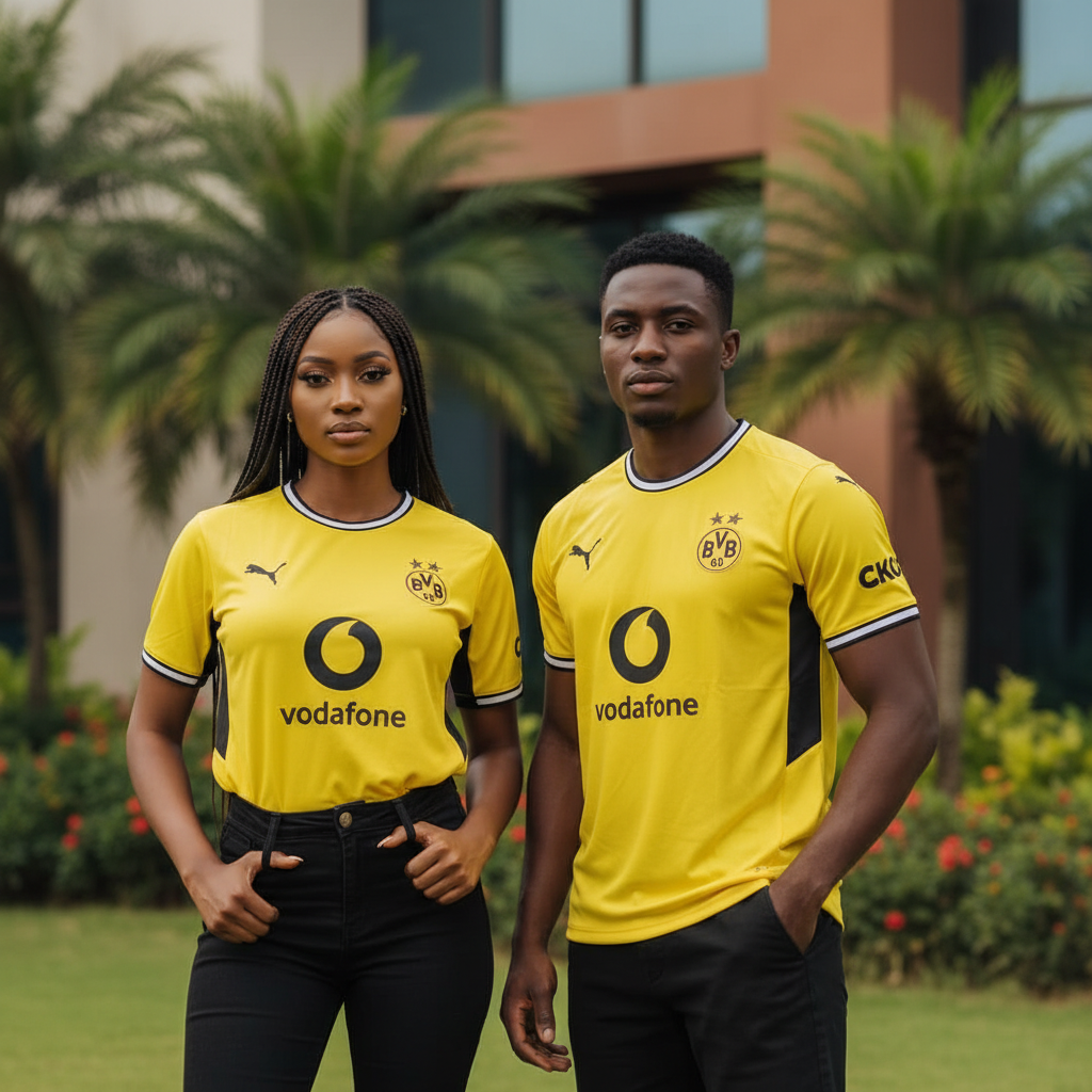Nigerian female and male models wearing bright yellow football jersey with black side panels