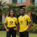 Nigerian female and male models wearing bright yellow football jersey with black side panels