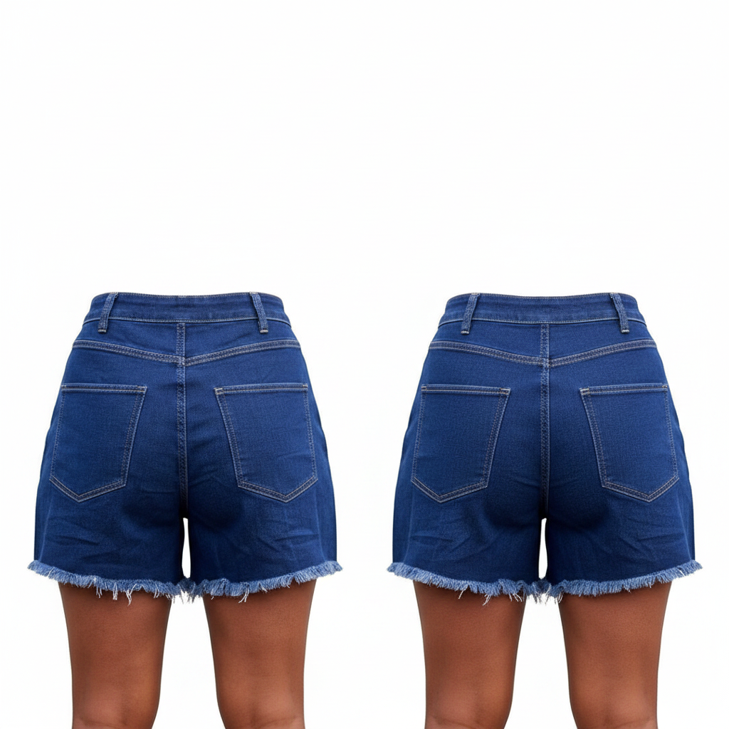 Dark Blue High-Waist Frayed Denim Shorts – Back Ghost Mannequin