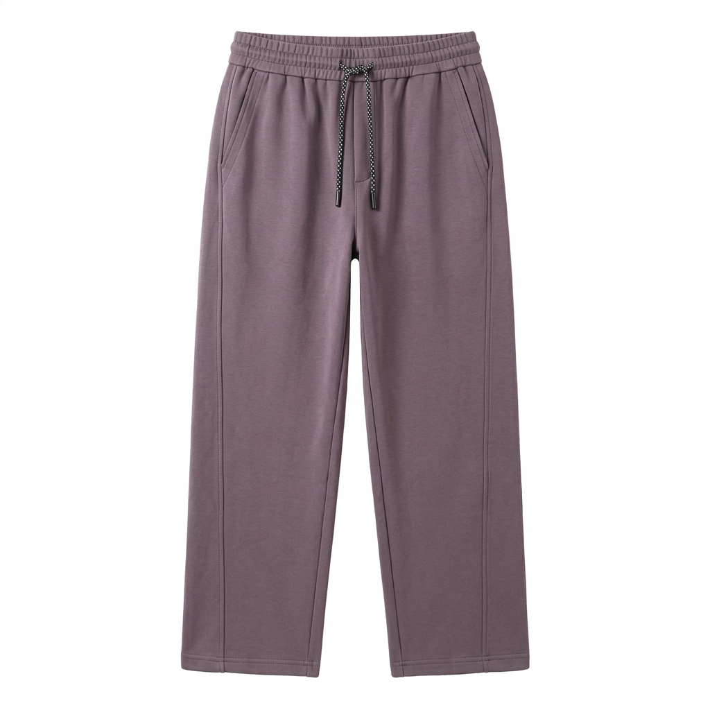 Muted purple straight-leg joggers with speckled drawstring, generated ghost mannequin view
