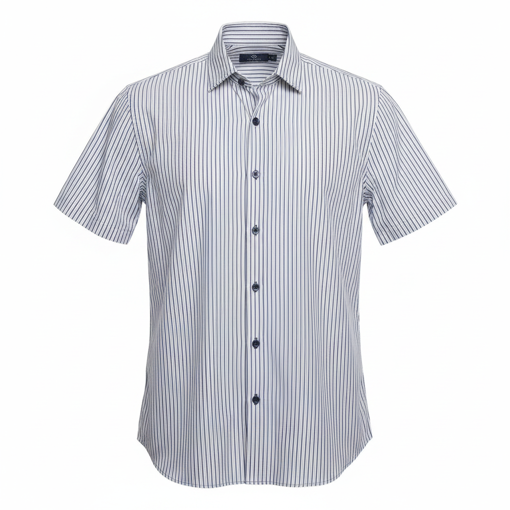 Ghost mannequin front view of white navy pinstripe short-sleeved shirt