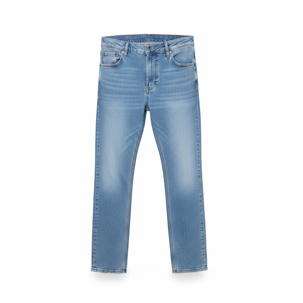 Men's light blue slim denim jeans ghost mannequin view