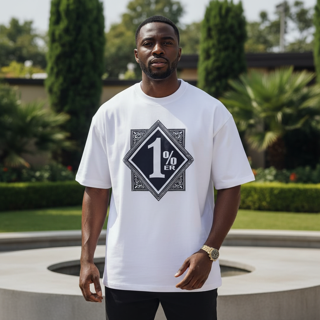 White 1%er Diamond Card Graphic Short-Sleeved Shirt - Model Front