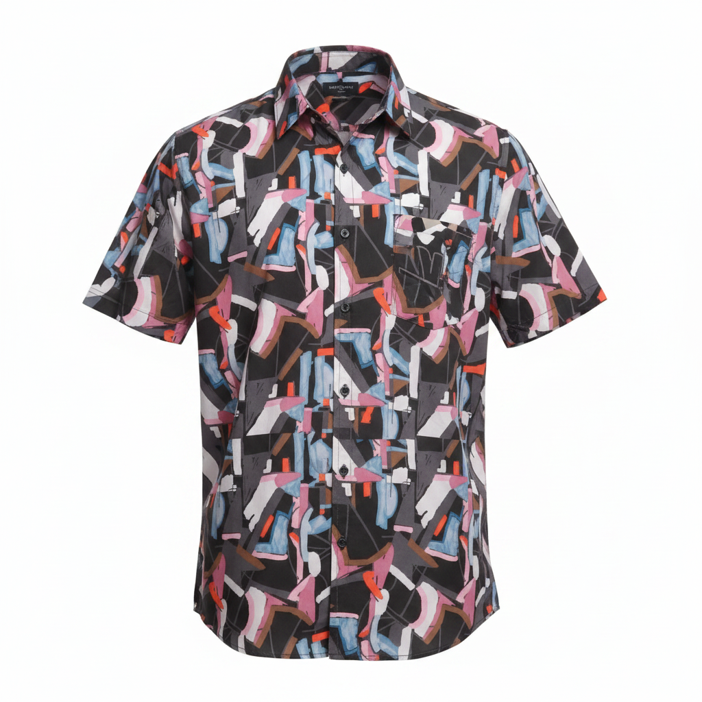 Men's abstract geometric print short-sleeve vintage shirt ghost mannequin view