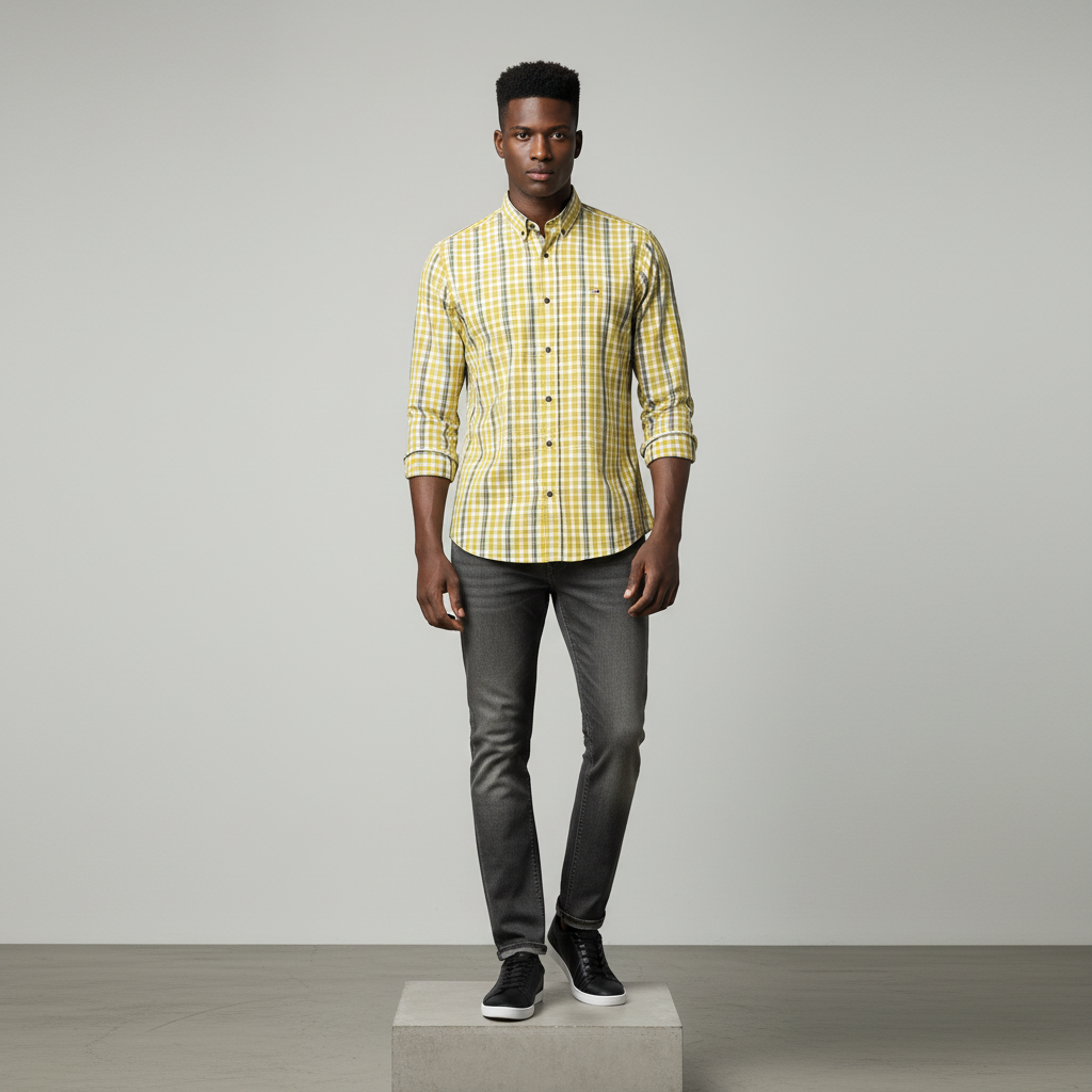 Yellow Grey Plaid Long-Sleeved Shirt - Model Shot