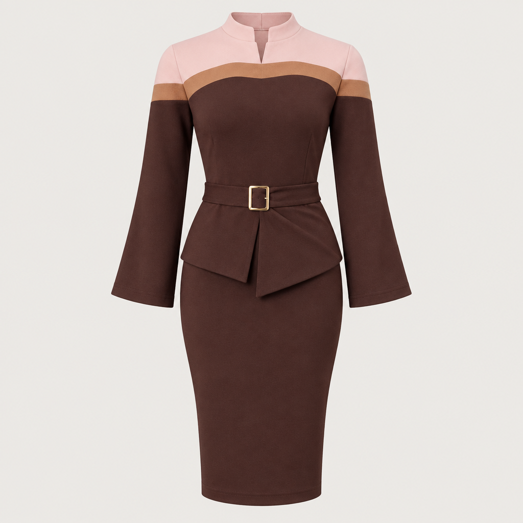 Chocolate brown dress with blush tan yoke, gold-tone belt and asymmetric peplum