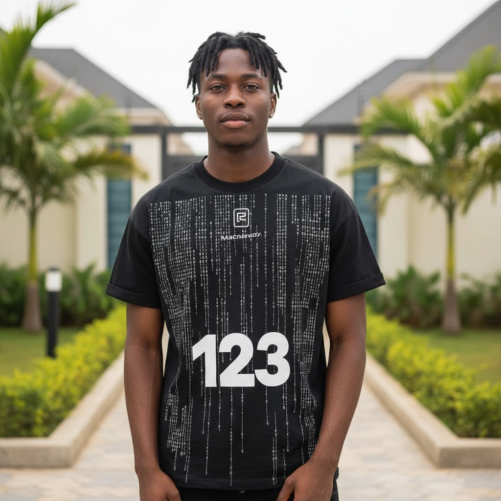 Nigerian male model wearing men's black binary code graphic print shirt