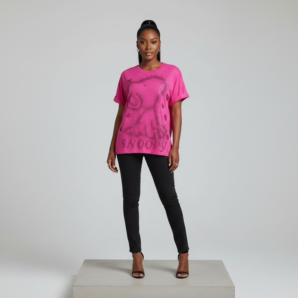 Fuchsia Rhinestone Snoopy Graphic Short-Sleeved Shirt - Model Front