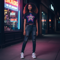 Young Nigerian female model wearing black star mesh knit crop tee
