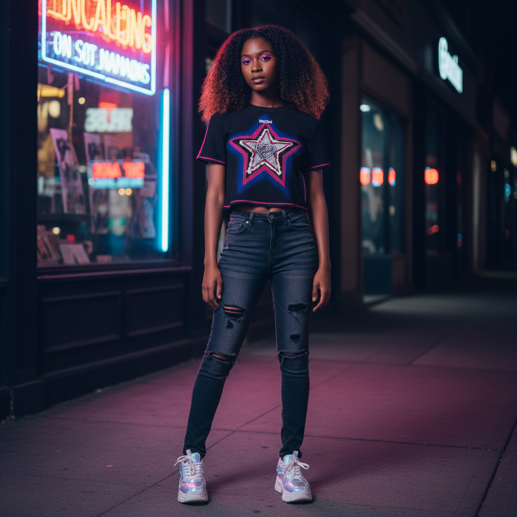 Young Nigerian female model wearing black star mesh knit crop tee