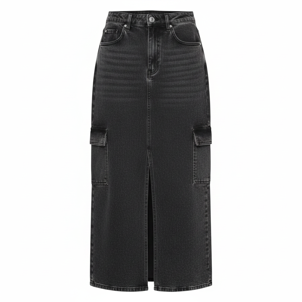 Washed Black Denim Cargo Midi Skirt - Ghost Mannequin