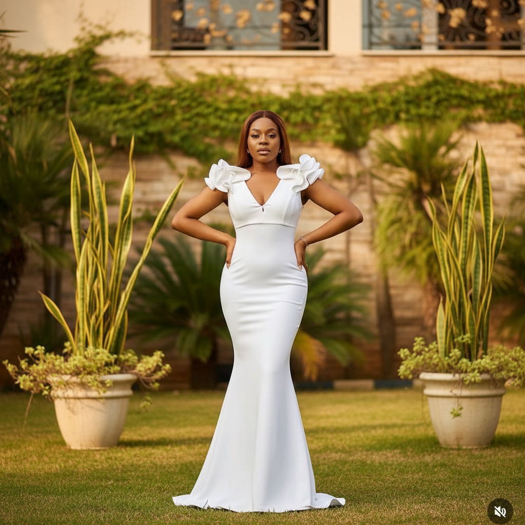 Nigerian female model wearing white ruffle cap sleeve mermaid maxi gown