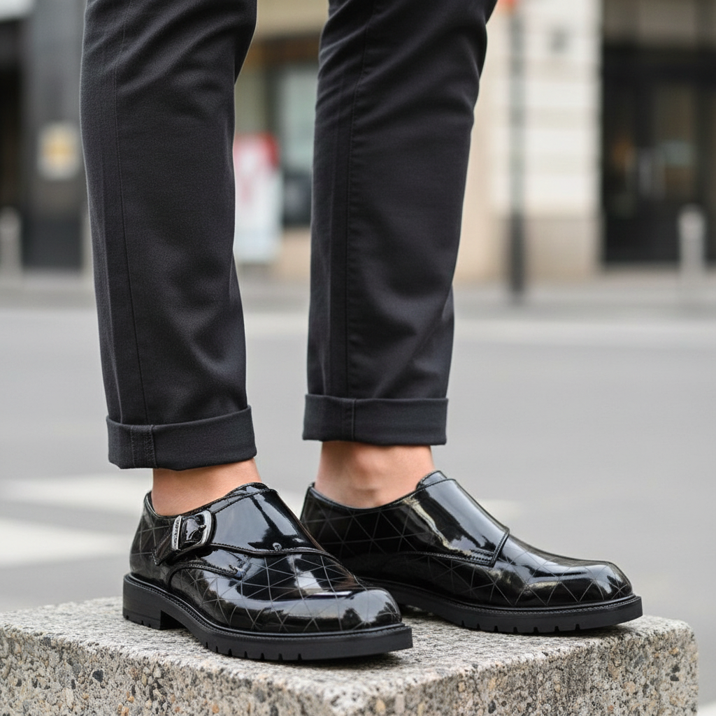 Model wearing black quilted diamond patent leather monk-strap dress shoes leg shot