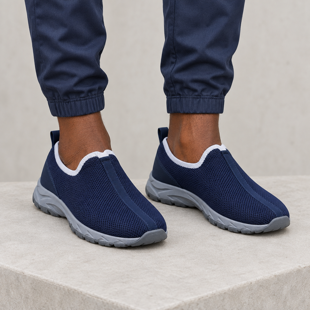 Navy blue slip-on sneakers worn on both feet