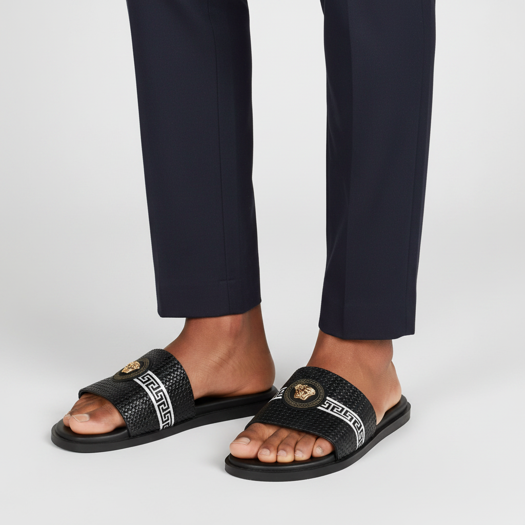 Close-up leg focus of men's black woven Greek key stripe slide sandals with gold medallion and dark navy trouser hem