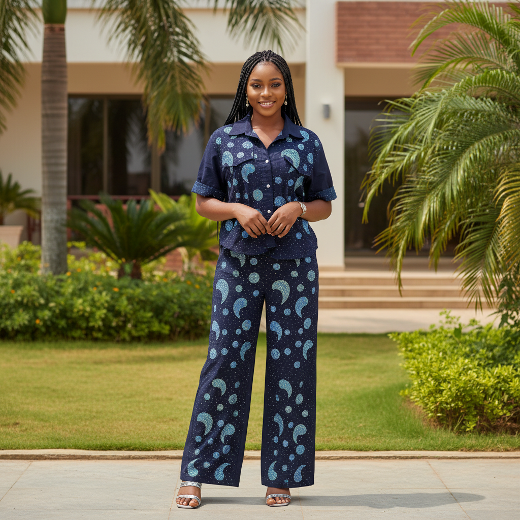 Nigerian female model wearing navy paisley circle print short-sleeve shirt and wide-leg trouser co-ord set
