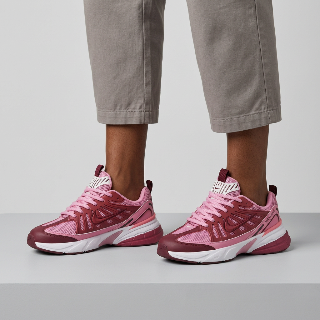 Leg-focused model wearing burgundy and pink lace-up mesh sneakers