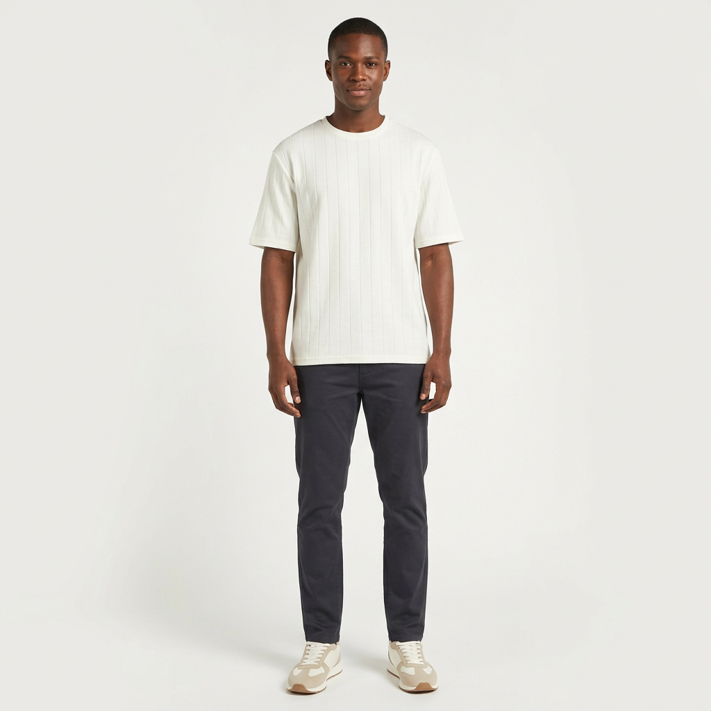 Full-body model wearing a white textured crew-neck T-shirt