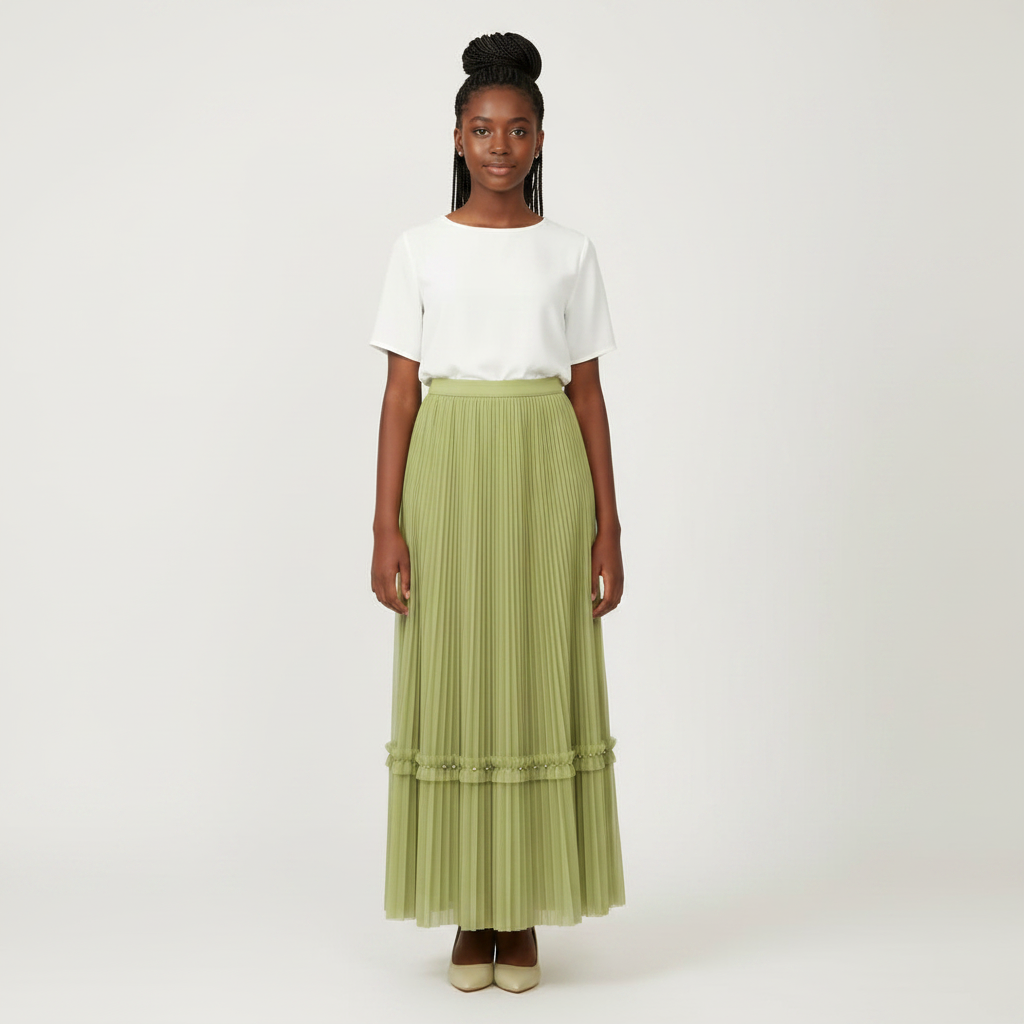 Nigerian girl wearing sage green pleated midi skirt - front view