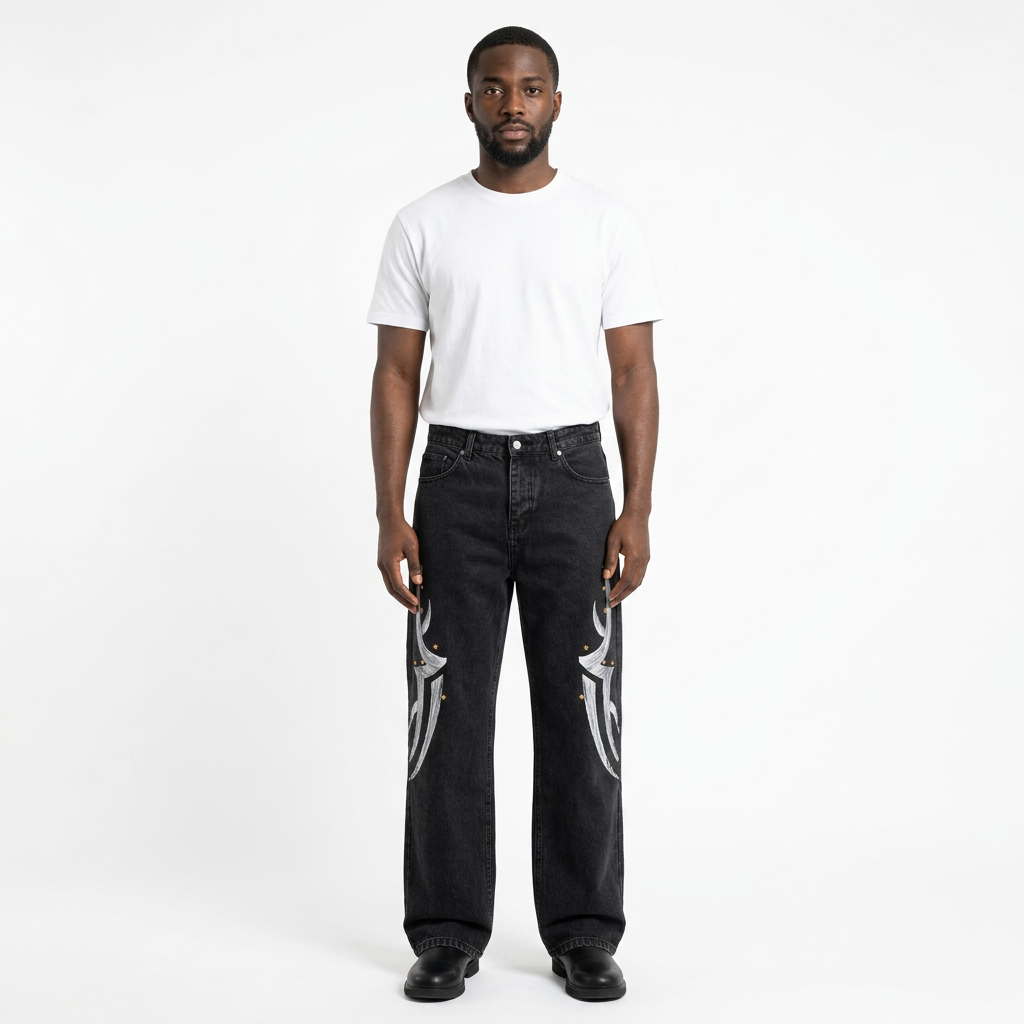 Full-body male model wearing black silver-graphic wide-leg jeans