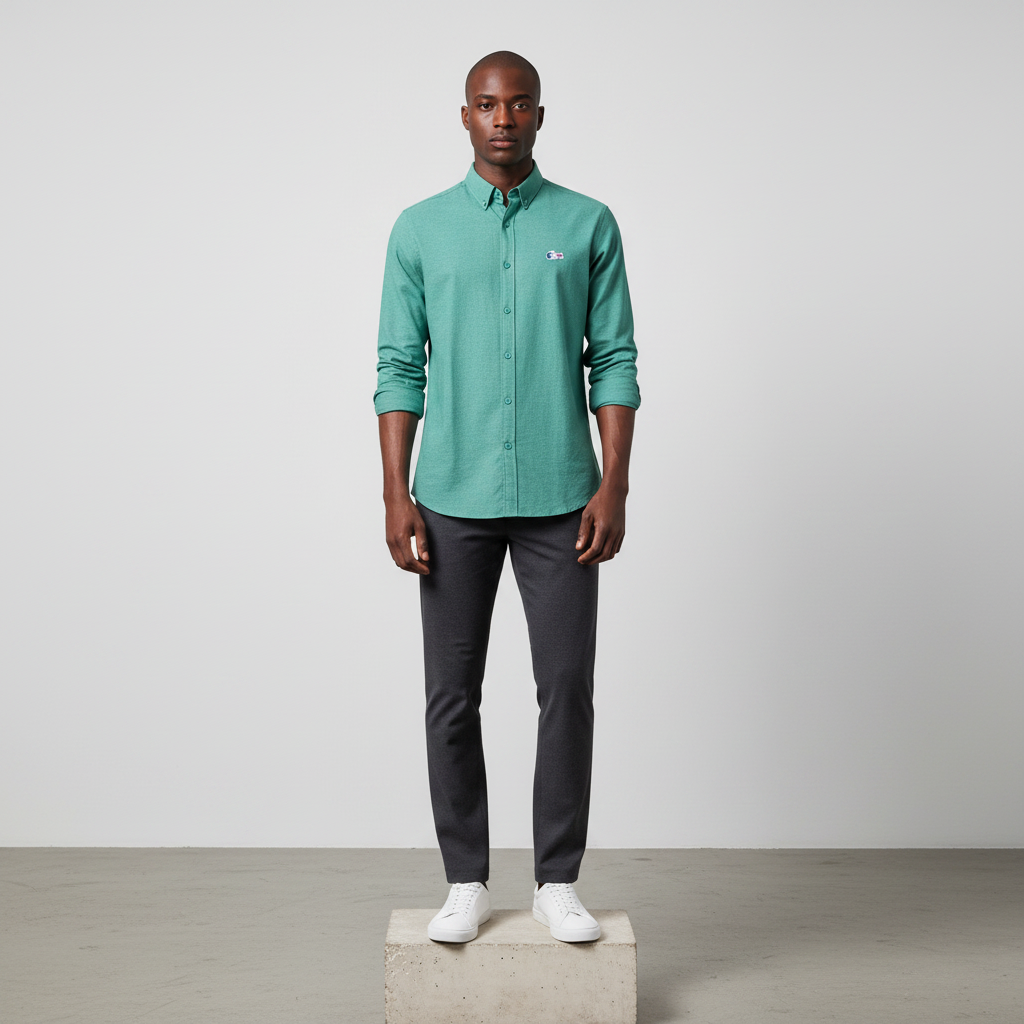Nigerian male model wearing teal green plain long-sleeved shirt, front view