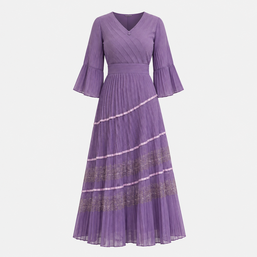 Ghost mannequin view of a lavender tiered pleated gown with bell sleeves and metallic floral-pattern panels