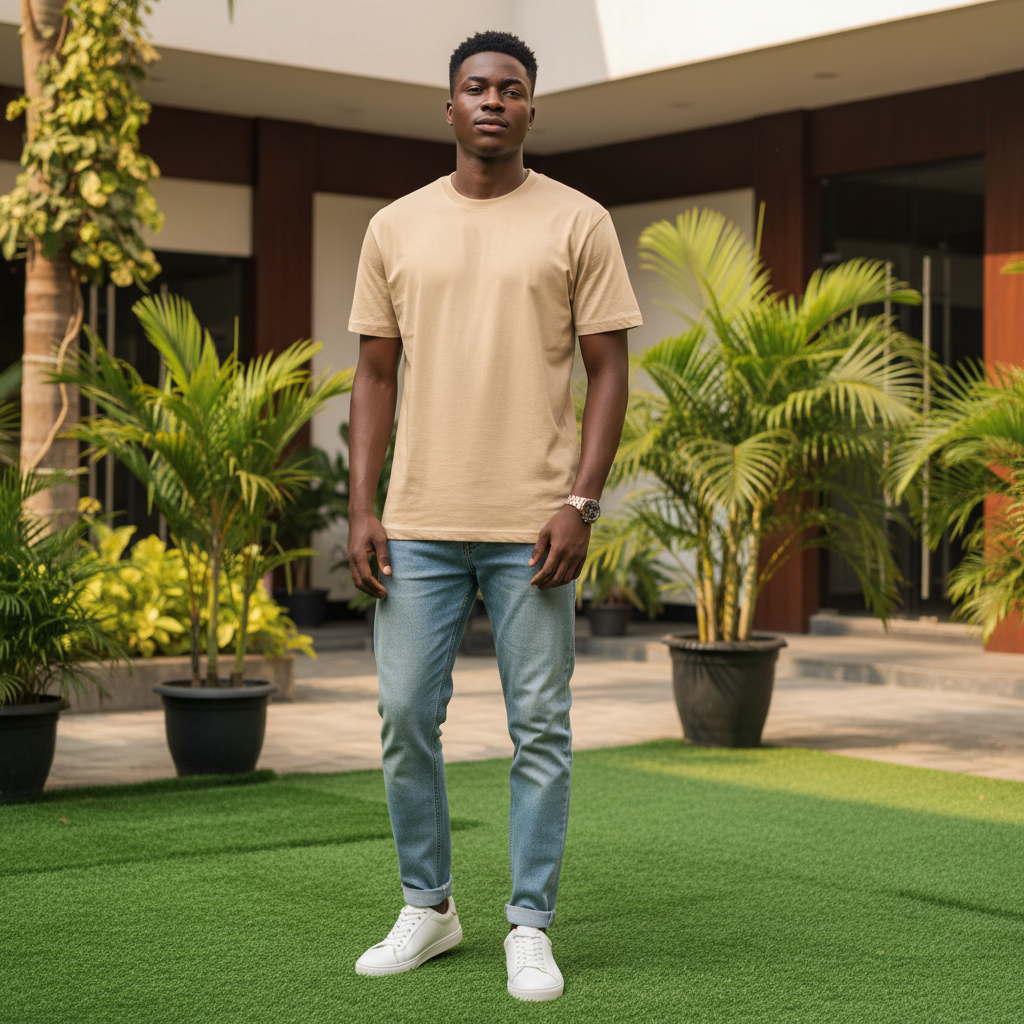 Men's Beige Plain Crew-Neck T-Shirt – Nigerian Male Model