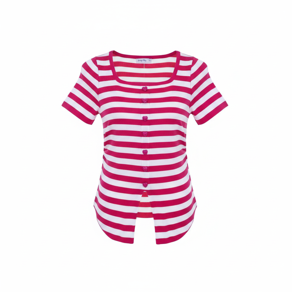 Pink & White Striped Button-Front Split Hem Top - Ghost Mannequin Front