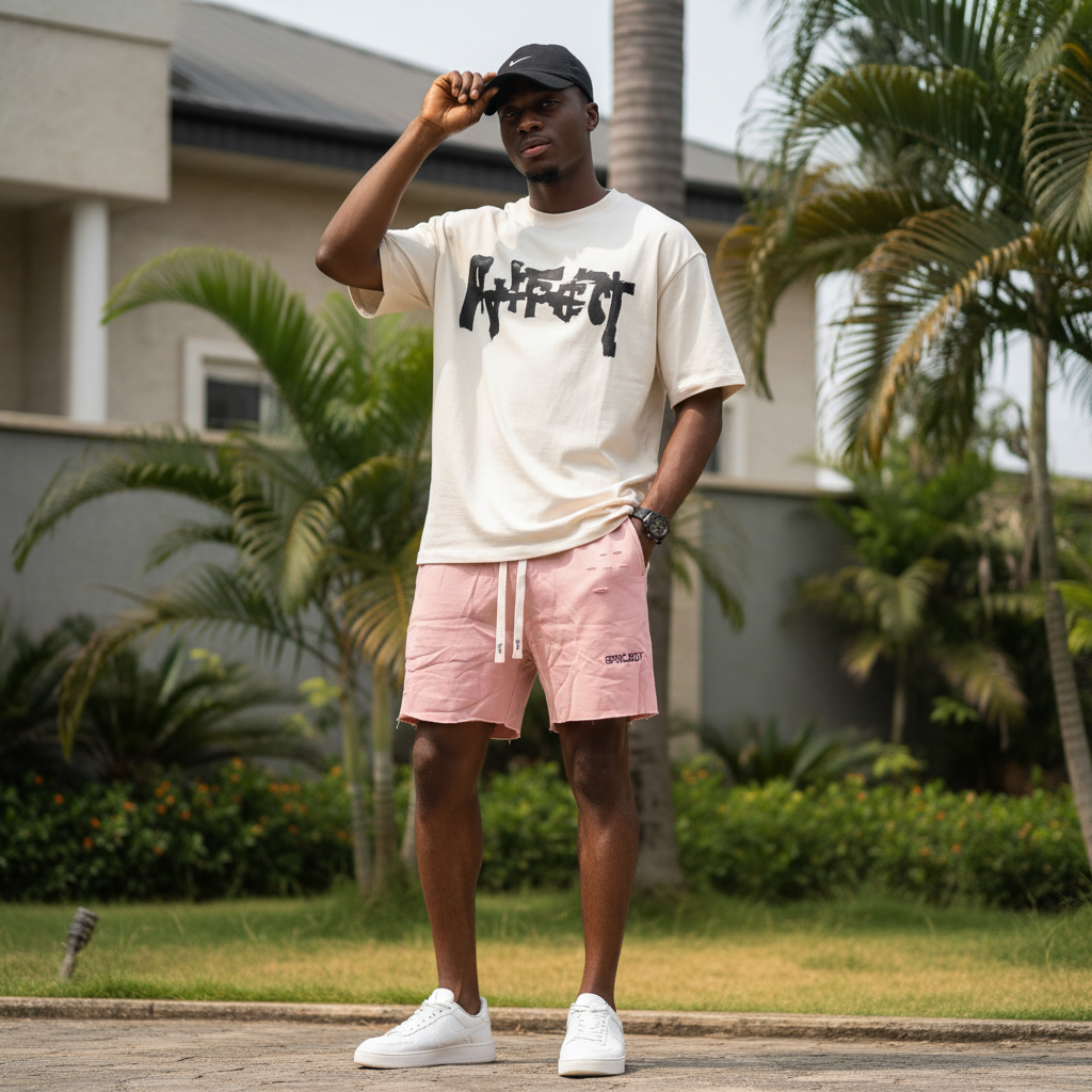 Nigerian male model wearing dusty pink distressed graphic shorts — full body streetwear shot