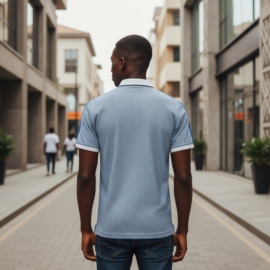 Young Nigerian male model wearing blue micro-check polo shirt, back view, Nigerian urban background