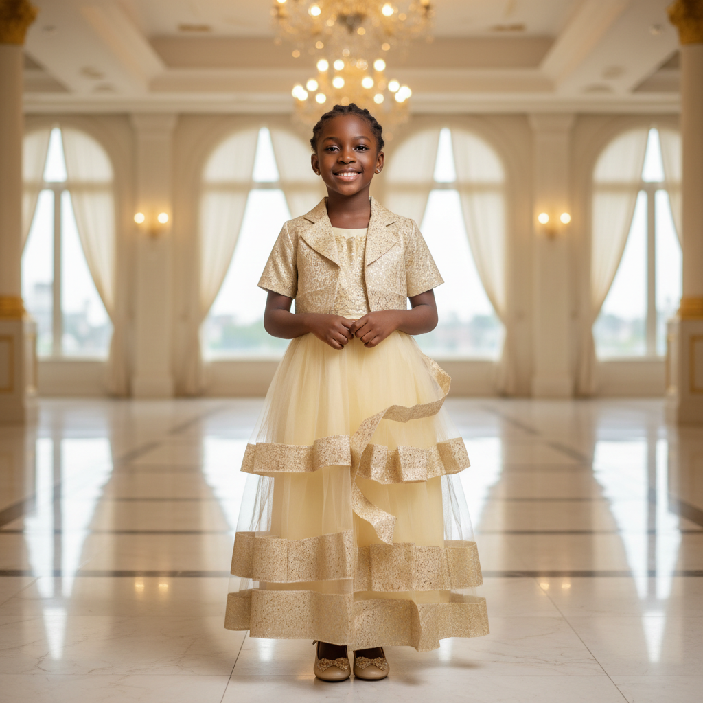 Children's Gold Jacquard & Tiered Chiffon Graduation Set – Model Shot