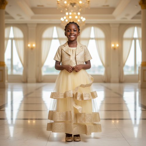 Children's Gold Jacquard & Tiered Chiffon Graduation Set – Model Shot