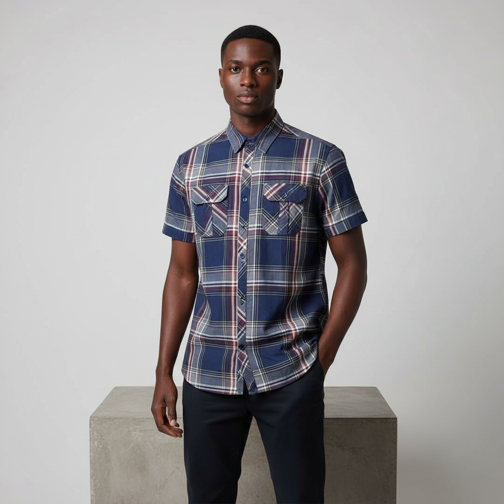 Nigerian male model wearing navy tartan plaid short-sleeved shirt