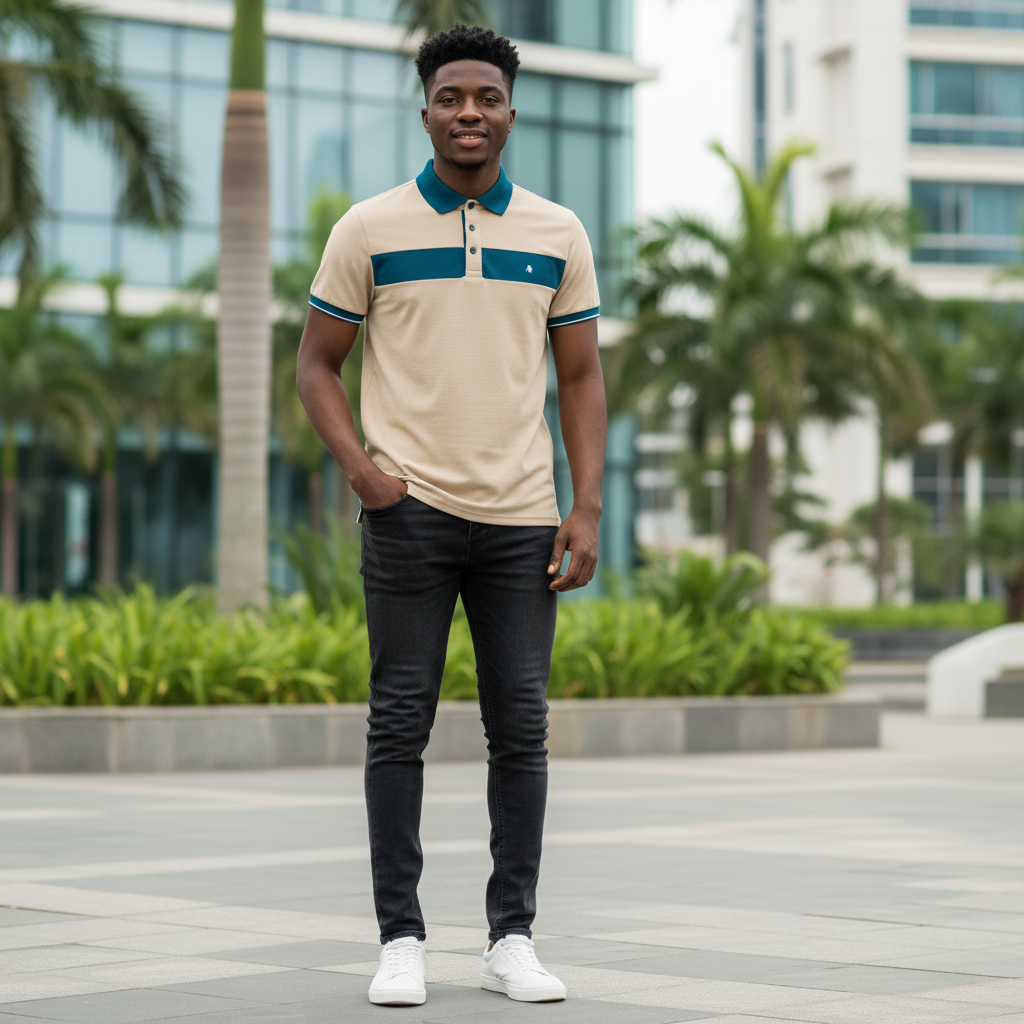 Beige Teal Stripe Polo Shirt - Model Shot