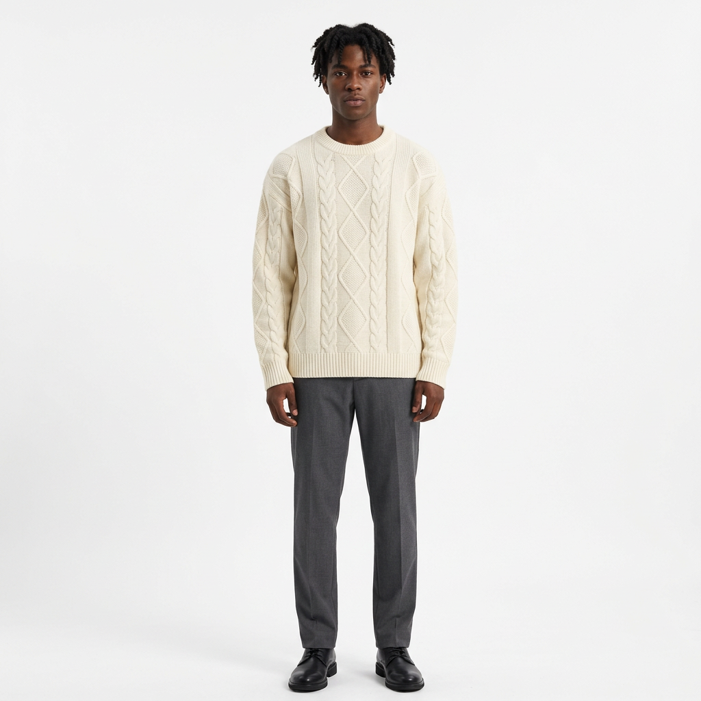 Full-body male model wearing a cream diamond cable-knit crew-neck sweater