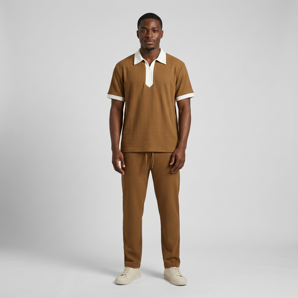 Nigerian man wearing brown textured polo and trouser set with white trim