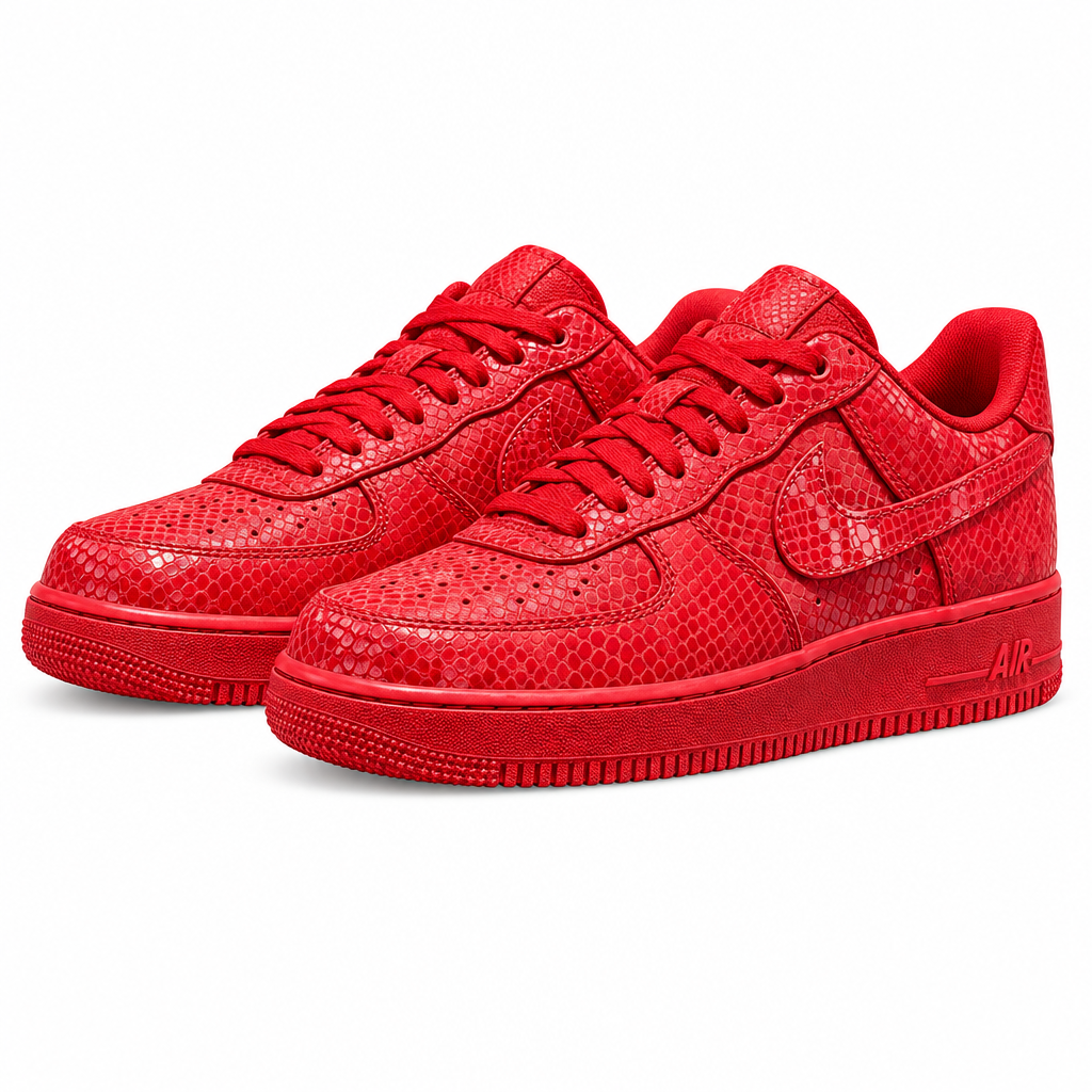 Pair of red snakeskin-effect low-top sneakers on white