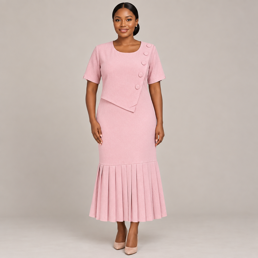 Black Nigerian woman wearing pale pink asymmetric covered-button midi dress