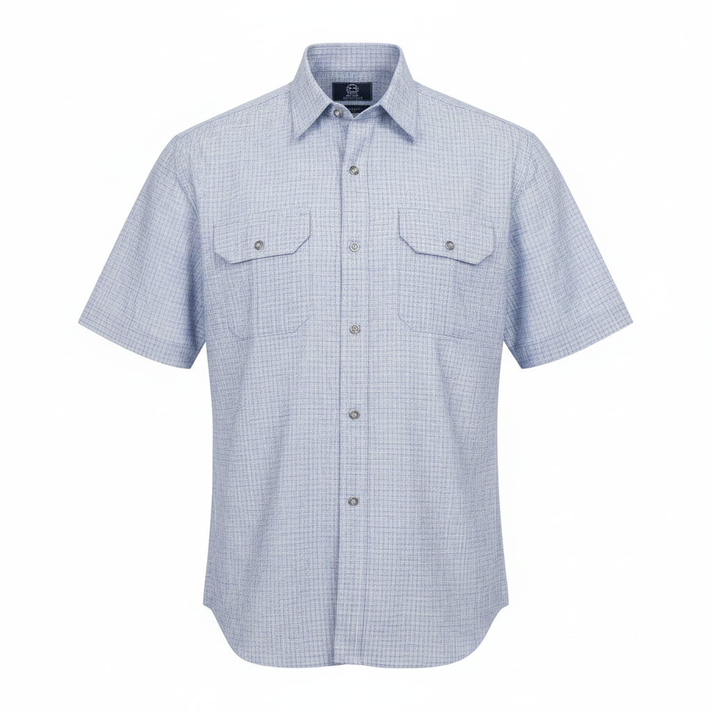 Ghost mannequin light blue micro-check short-sleeved shirt