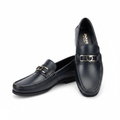 Navy blue Gancini hardware perforated strap loafer ghost mannequin product shot, plain white background